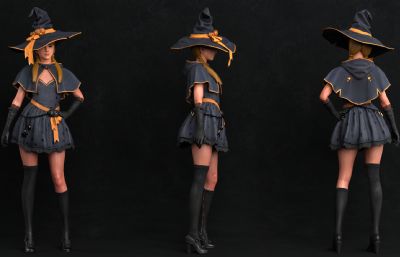 次世代巫师帽女孩,万圣节装扮blender模型