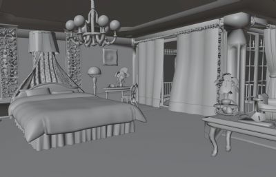 黄昏阳光下的酒店海景房,卧室blender模型
