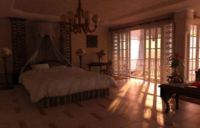 黄昏阳光下的酒店海景房,卧室blender模型