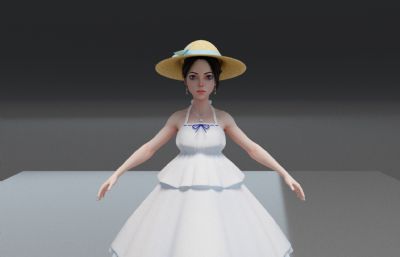 白色夏日贵妇裙,甜美沙滩裙女孩3dmax模型
