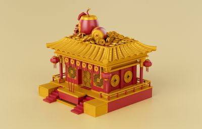 卡通财神庙,虎福庙,中国风新年喜庆场景