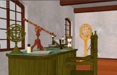 古代欧洲科学家办公室,地球仪,天文望远镜室内场景
