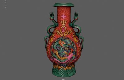 中国陶瓷龙纹花瓶,古董文玩艺术品