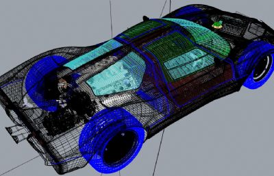 克尔维特黄貂鱼肌肉跑车rhino模型,带引擎结构