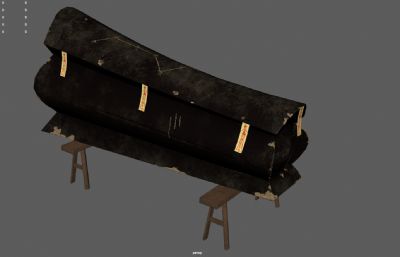 贴有符咒的中式棺材,棺椁,游戏低模