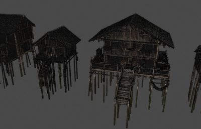 渔村木屋,古代渔村木头房子blender模型