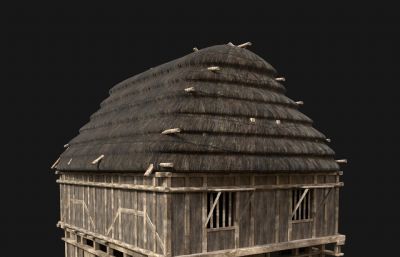 木制仓库 中世纪房屋 茅草屋塌陷模型1