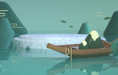 端午节高山湖面木舟粽子海报背景
