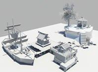 水上小木屋,亭榭,货船,荷花池,古代场景3D模型