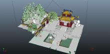 庭院,水池,花草,假山,古建筑场景3D模型