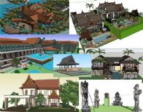 东南亚风格别墅,酒店,会所SU建筑景观模型组件