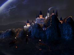 夜晚山间的科幻城堡
