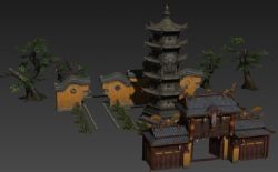 寺院宝塔,寺庙,围墙,禅室等构件组合