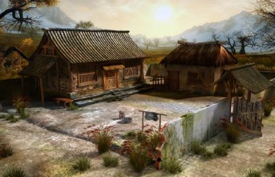 古代农民土砖房,木房子,带院子