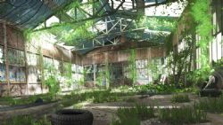 一个荒废的厂房内部杂草丛生maya场景,无贴图