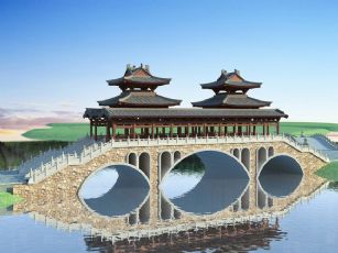 中式古建廊桥+拱桥