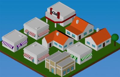 几个卡通房子,店铺C4D模型
