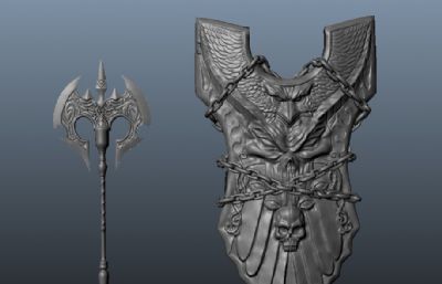 鹰眼骷髅盾牌+战神斧头maya模型,带一张凹凸贴图