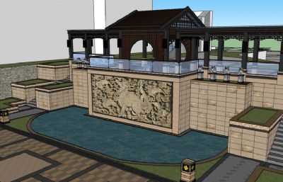 中式公园广场廊架水景设计skp模型