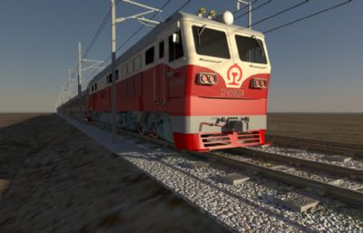 影视级老式红皮火车,带火车驶过动画(车头,车厢,铁轨轨道和电缆都很齐全)