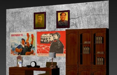 革命时期政府办公室一角,斯大林,毛主席画像max展览模型