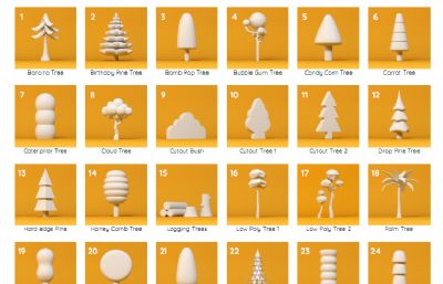 简约精品卡通树木植物C4D模型,整合为一个C4D文件