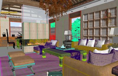 现代别墅区大客厅餐厅沙发摆设大场景max模型(网盘下载)