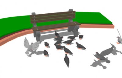 鸽子+公园休闲长椅su模型
