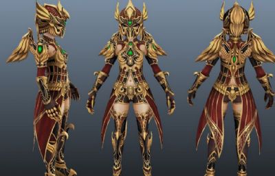 黄金铠甲女,女战士maya游戏模型