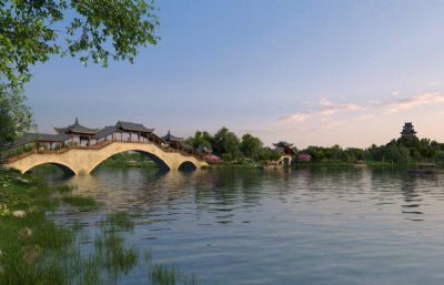 中式景区风雨桥,廊桥,湖边园林风格景观建筑(网盘下载)