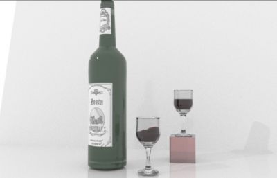 红酒瓶,红酒杯静物场景Maya模型