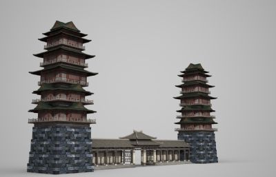 古建筑特色双子楼房古塔3D模型