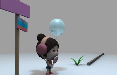 手拉气球,右手持棒棒糖的Q版小朋友maya模型