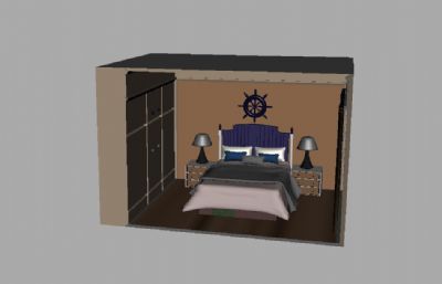 maya卧室,有衣柜,台灯,舵等装饰