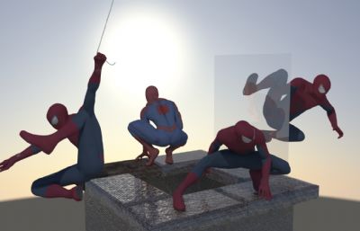 蜘蛛侠四种pose组合场景maya模型,单个蜘蛛侠POSE都有FBX模型文件