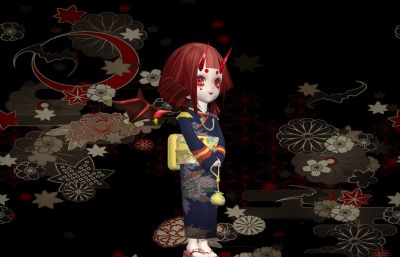 和服画风女孩,日式小恶魔装扮max模型