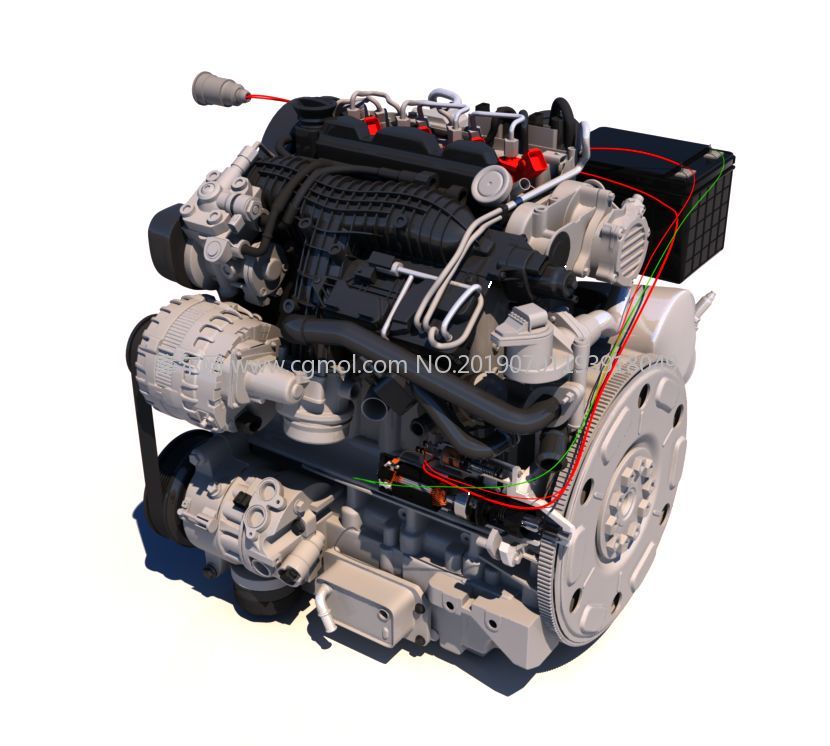 带发动机的起动系统完整模型，包括启动按钮，蓄电池，起动机，起动机可剖切，有内部结构，有30帧动画