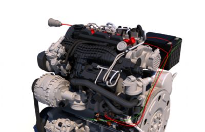 带发动机的起动系统完整模型，包括启动按钮，蓄电池，起动机，起动机可剖切，有内部结构，有30帧动画