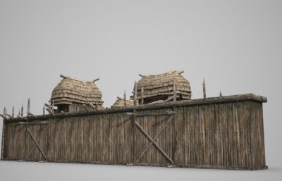 古建筑茅草围墙,兵营大门3D模型
