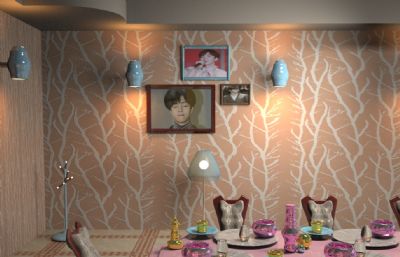 魔幻欧式室内餐厅客厅max模型,带镜头转移到餐桌动画
