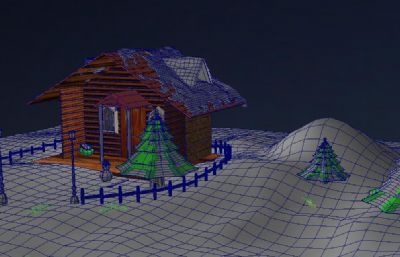 夜晚雪地小木屋场景,圣诞小屋maya模型