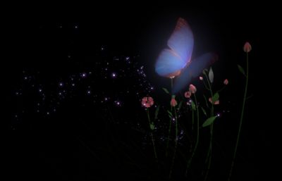 夜晚花丛中闪闪发亮的蝴蝶场景maya模型