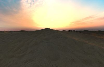 黄昏下的古时丝绸之路沙漠商队max场景,带商队行进动画