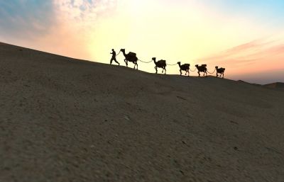 黄昏下的古时丝绸之路沙漠商队max场景,带商队行进动画