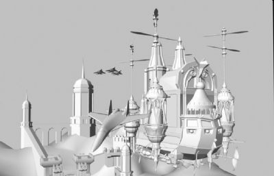 城堡+飞行的战斗机群maya模型