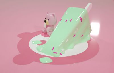 卡通风格融化的冰淇淋+卡通小熊C4D模型
