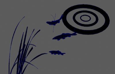水墨风格的水草,鱼,波纹Maya模型