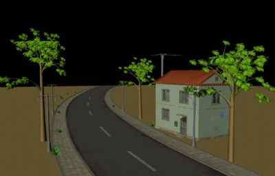 城镇公路及周边房屋树木场景Maya模型