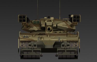 梅卡瓦沙漠涂装主战坦克3D模型, 火箭发射器,机枪等游戏全套装备