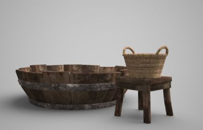 竹编菜篮,木盆等农家工具物品3D模型